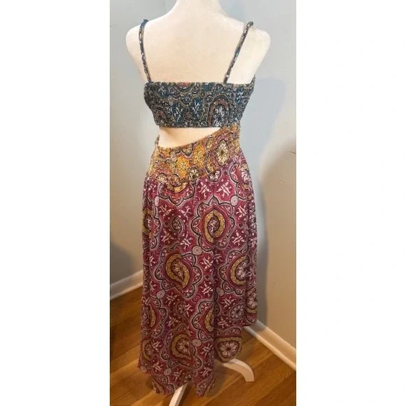 Anthropologie Cutout Smocked Midi Dress Size S Mixed Paisley Medallion Blue Pink - Picture 7 of 11